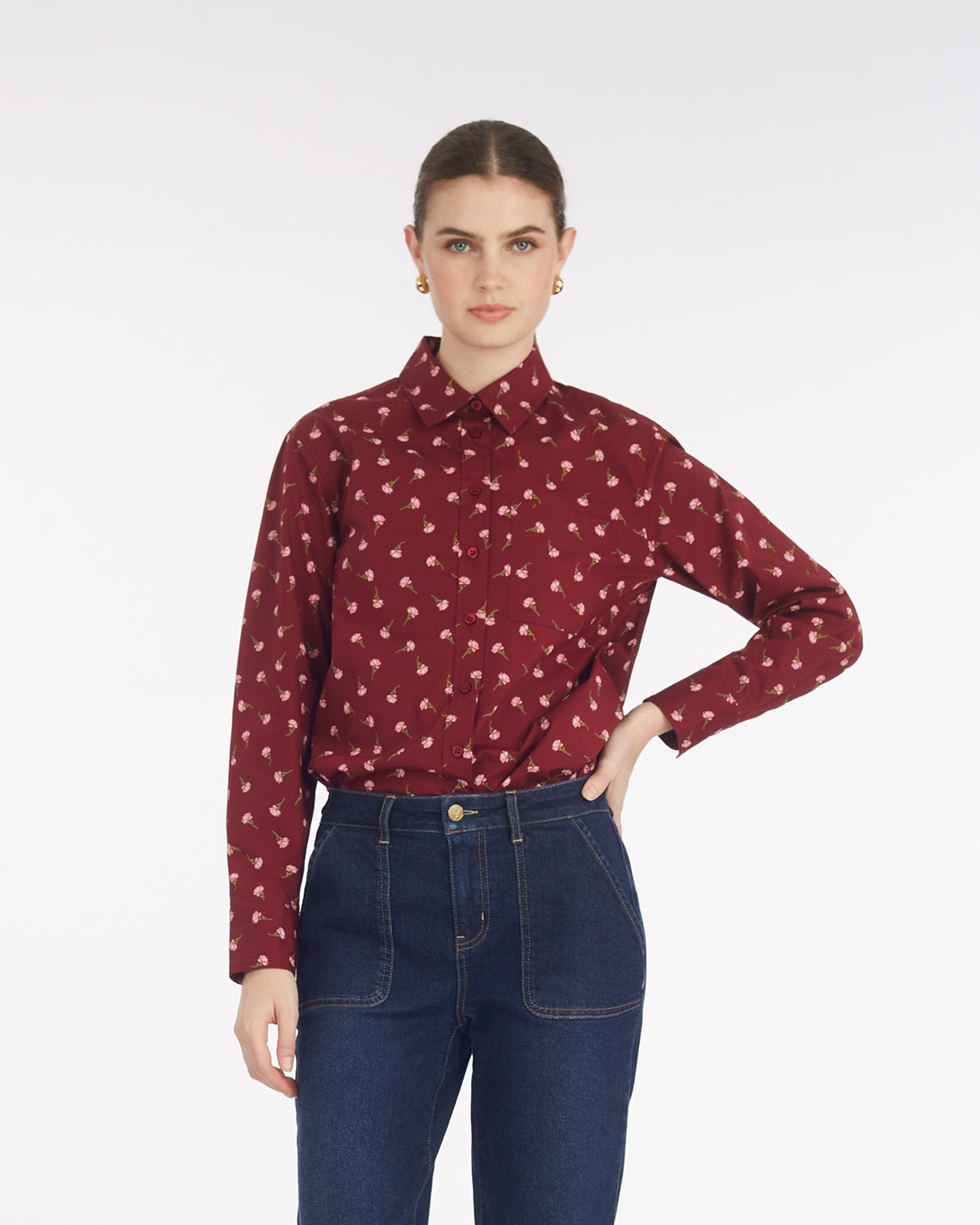 Long-Sleeve Button Down in Burgundy Buds