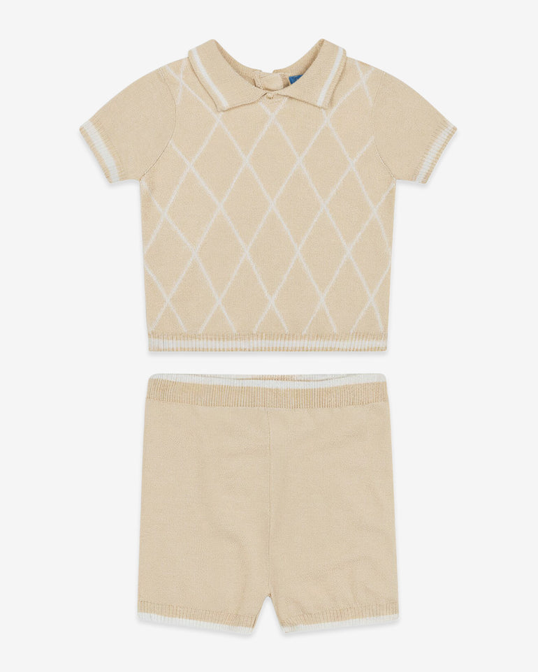 Argyle Polo Sweater Short Set in Beige