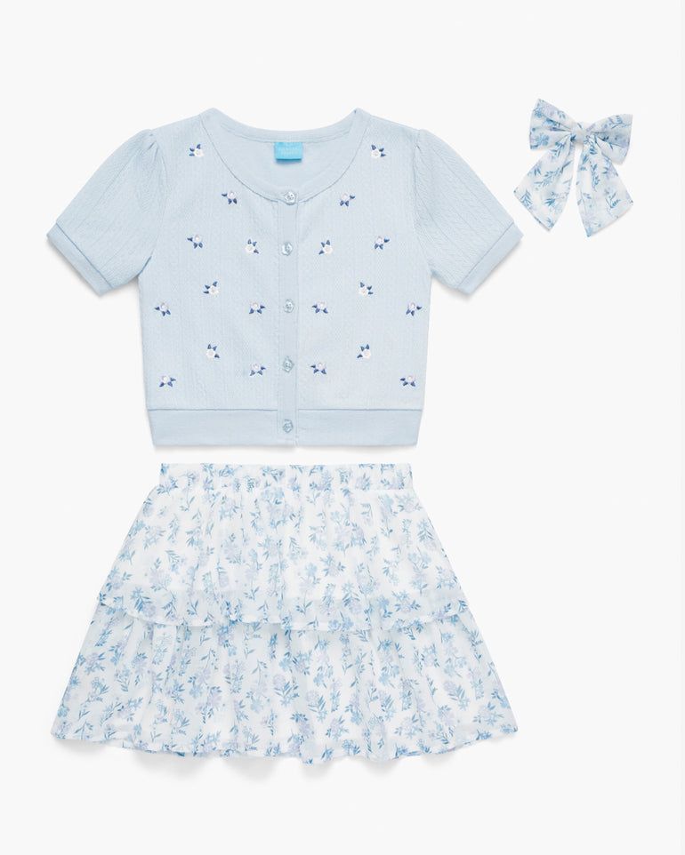 Floral Sweater Knit Skirt Set with Bow in Blue