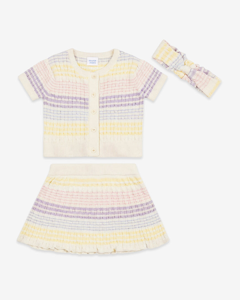 Sweater Knit Skirt Set with Headband in Striped Pastel