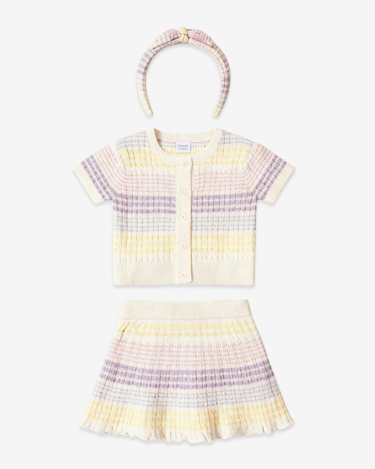 Sweater Knit Skirt Set with Headband in Striped Pastel