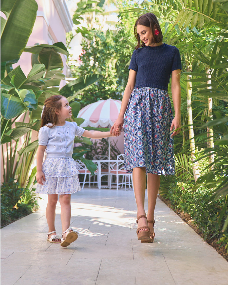 Floral Sweater Knit Skirt Set with Bow in Blue