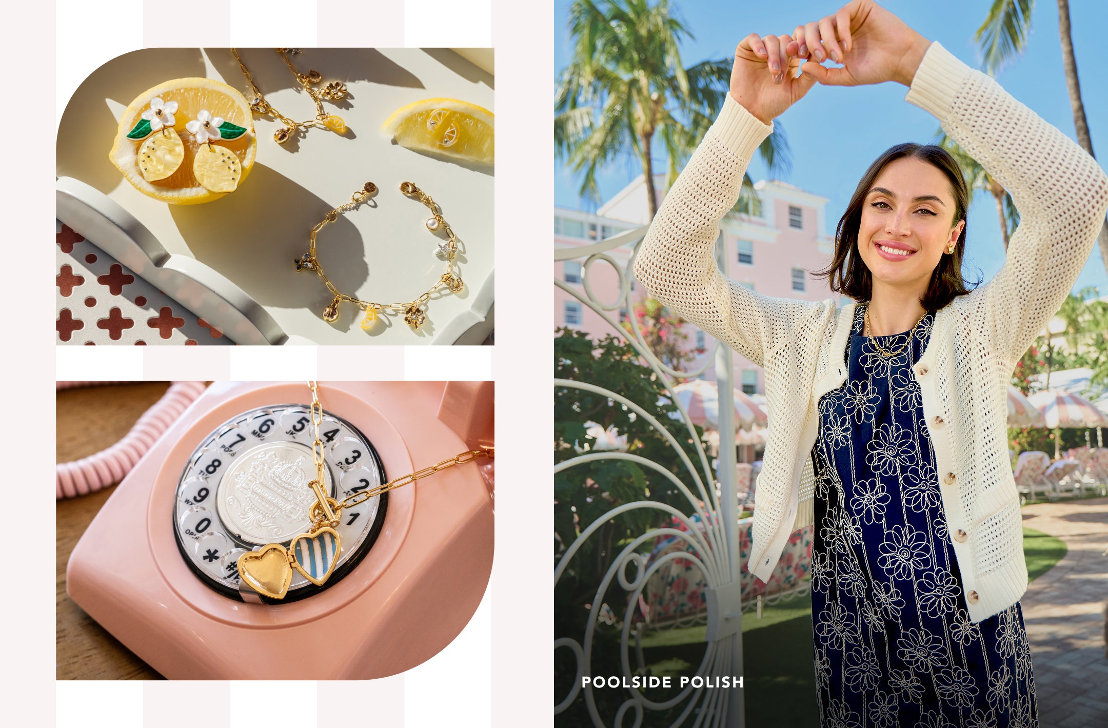 Jewelry set with lemons and a pink phone, woman in a white cardigan and blue dress with 'Poolside Polish' text.