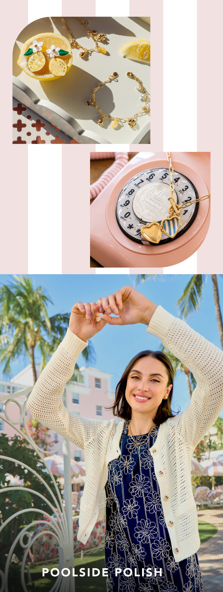 Woman in a park with palm trees, wearing a white cardigan over a blue dress, with 'Poolside Polish' branding.