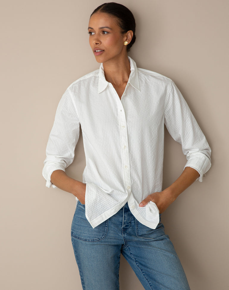 Button Down Top in White Shirting Stripe