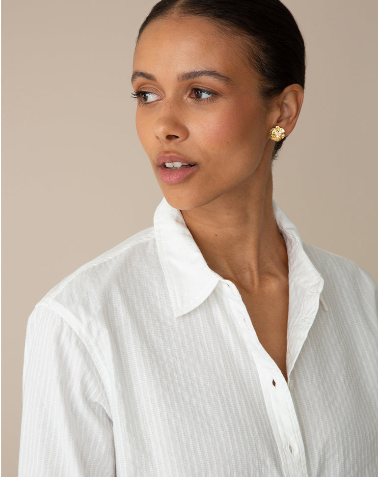Button Down Top in White Shirting Stripe