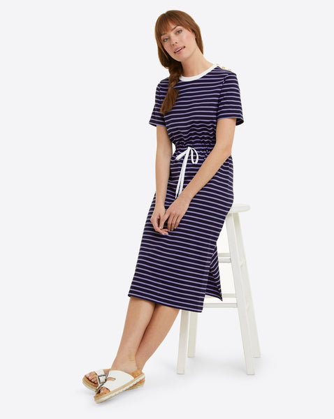Buy INDYA Blue Stripes Cotton Collar Neck Women's Midi Dress | Shoppers Stop