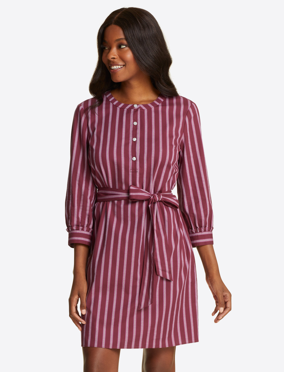 Belted Shift Dress in Berry Stripe