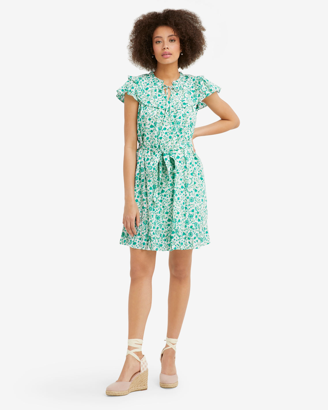 Flutter Sleeve Dress Green Woodblock Floral