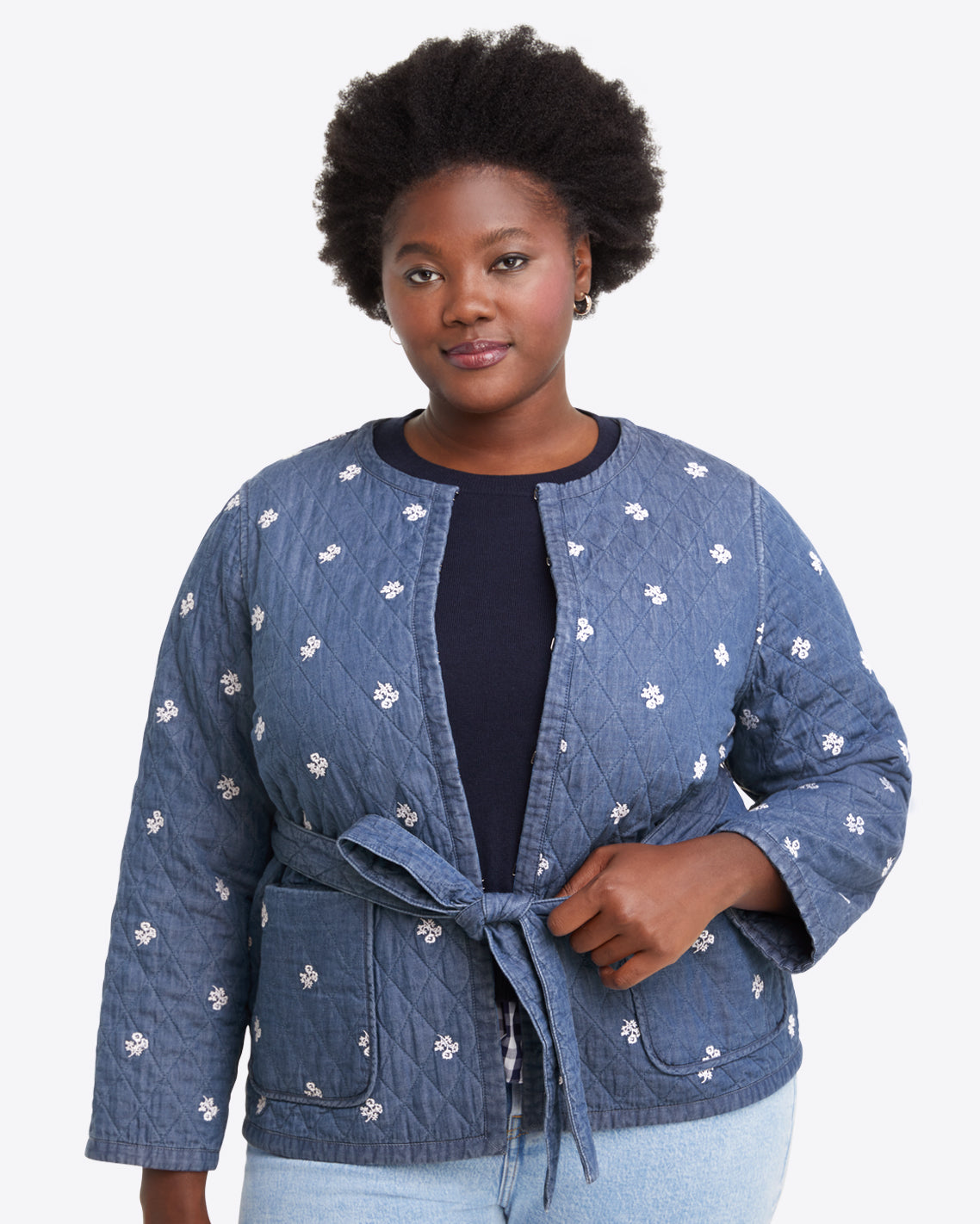 Reversible Belted Jacket in Embroidered Chambray