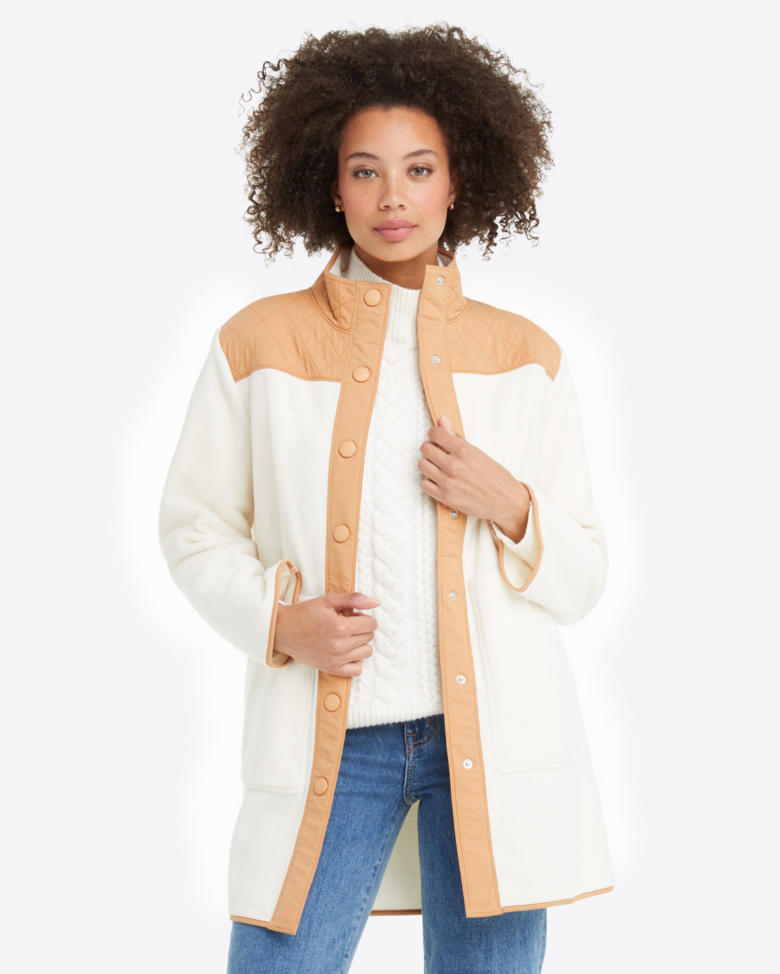 Button Down Fleece Coat in Ivory