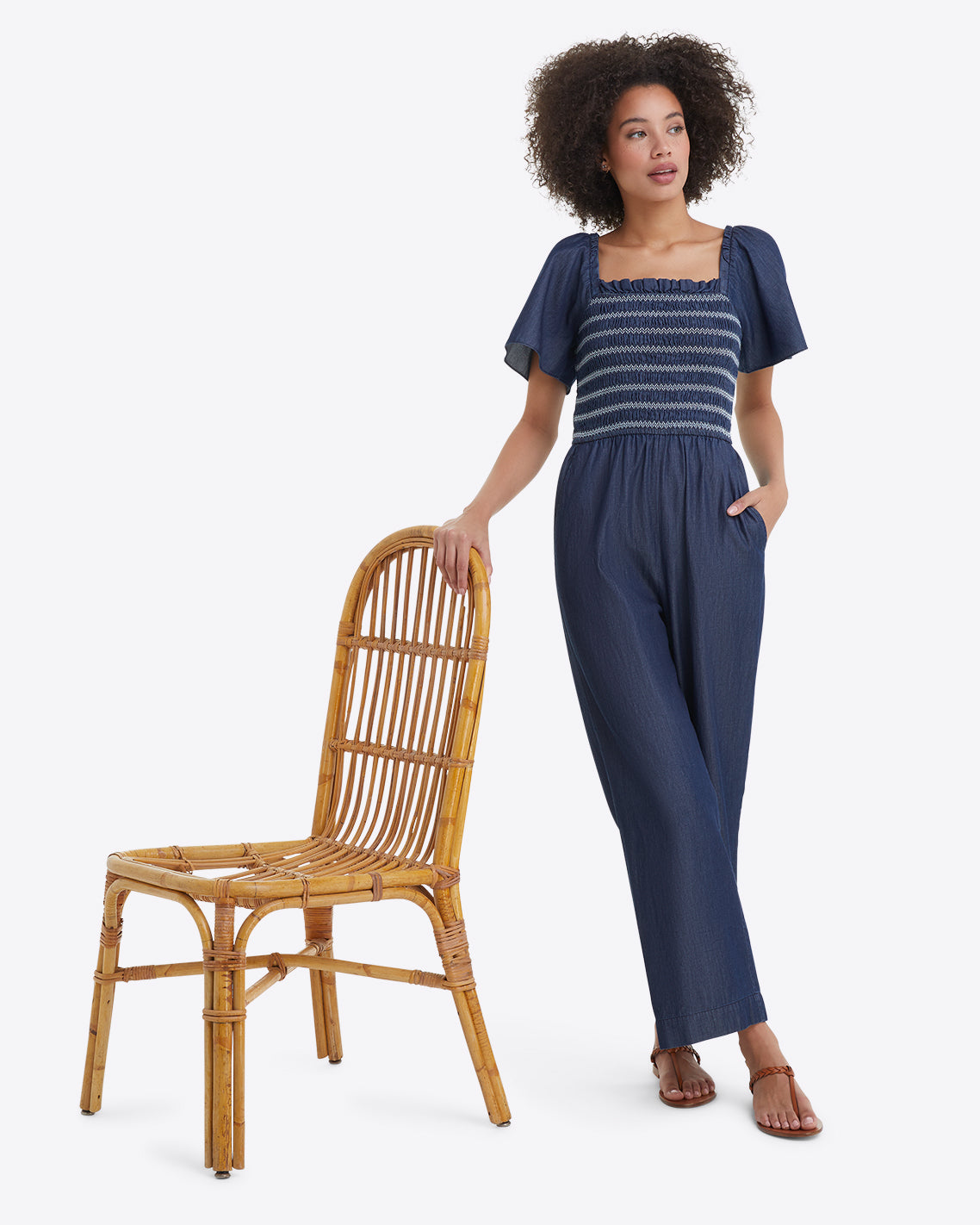 Smocked Chambray Jumpsuit