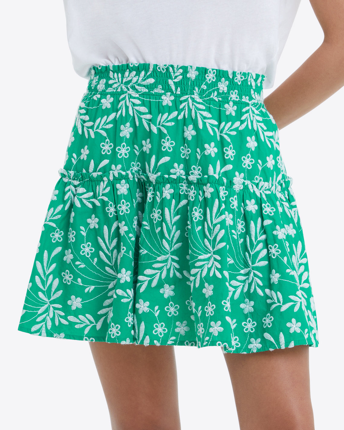 Pull On Mini Skirt in Embroidered Floral