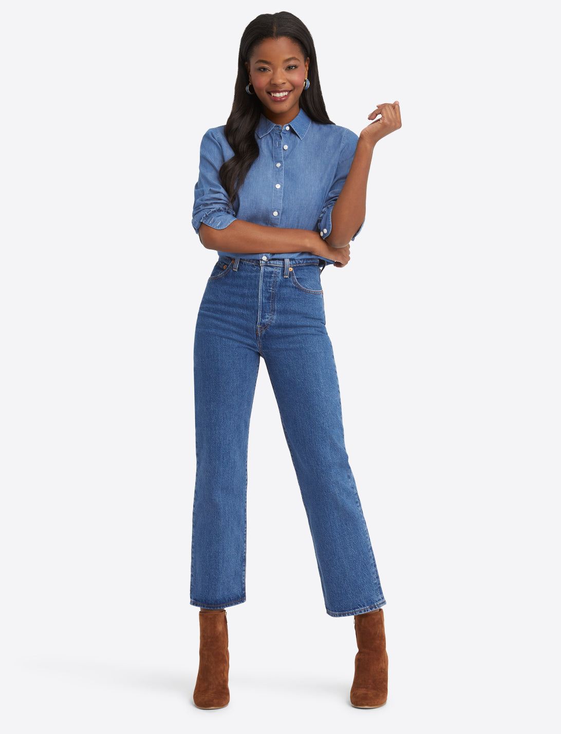 Button Down Top in Medium Wash