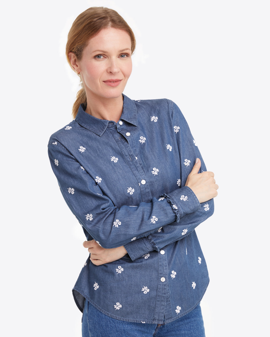 Button Down Top in Embroidered Chambray