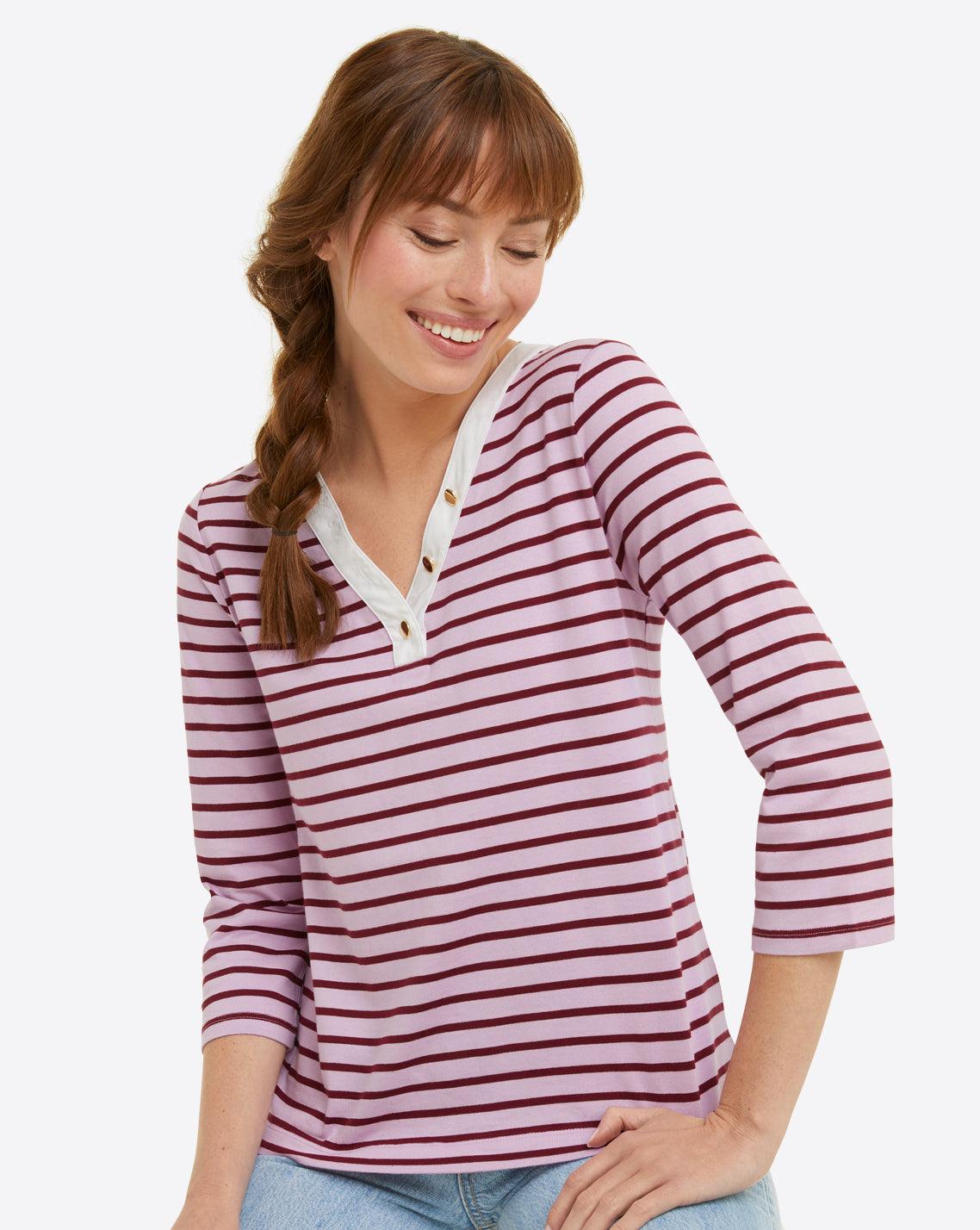V-Neck Puff Sleeve Shirt in Dark Pink Mariner Stripe