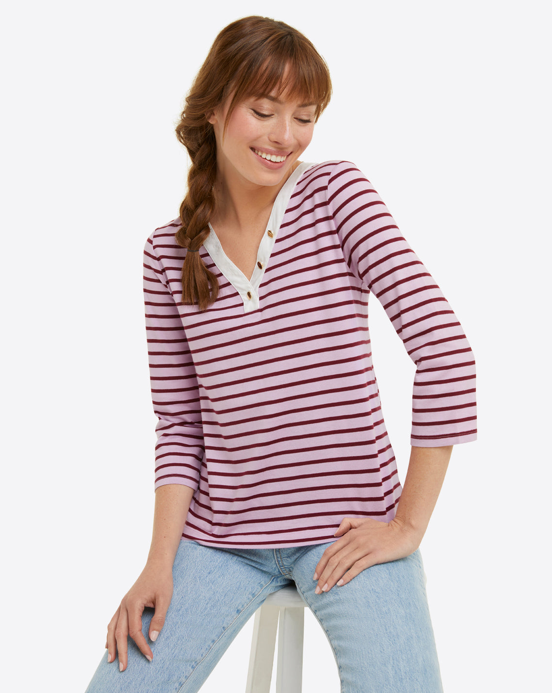 V-Neck Puff Sleeve Shirt in Dark Pink Mariner Stripe