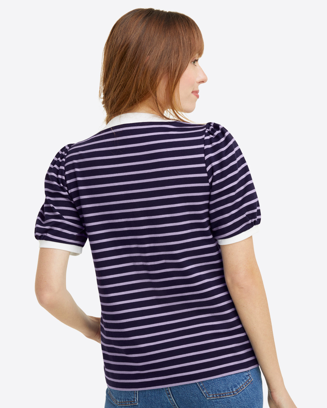 V-Neck Puff Sleeve T-Shirt in Nassau Navy Nautical Stripe