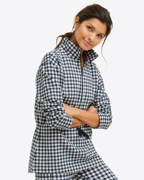 Cinch Waist Quarter-Zip in Navy Gingham – Draper James