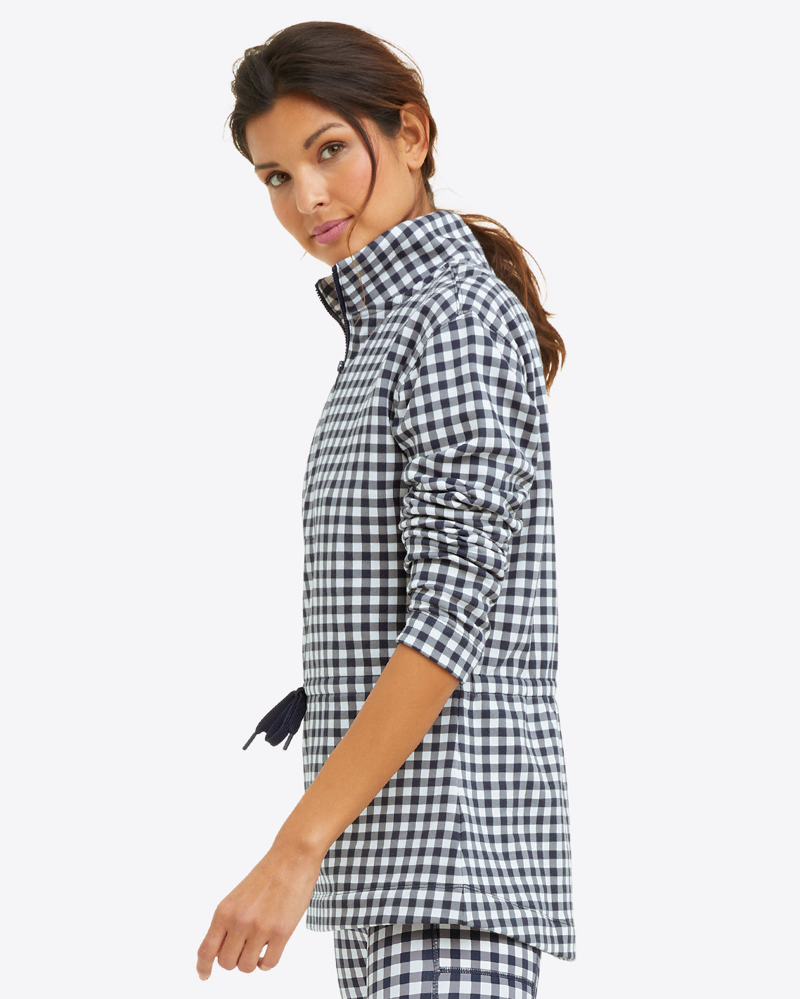 Cinch Waist Quarter-Zip in Navy Gingham