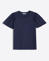 The Draper James Short Sleeve Easy Knit Top in Navy is made from 100% Pima Cotton and features slightly puffed butterfly sleeves.