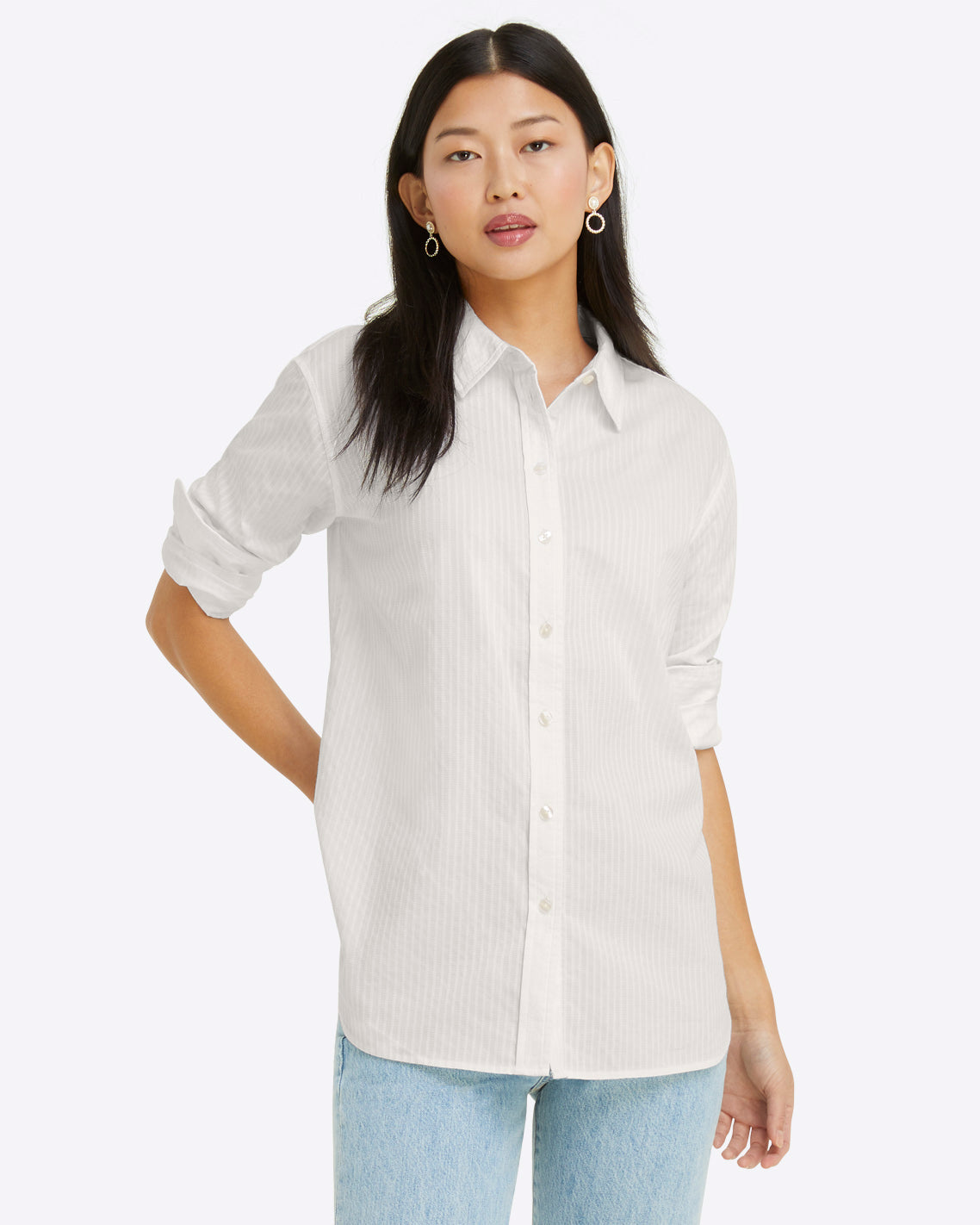 Button Down Top in White Shirting Stripe