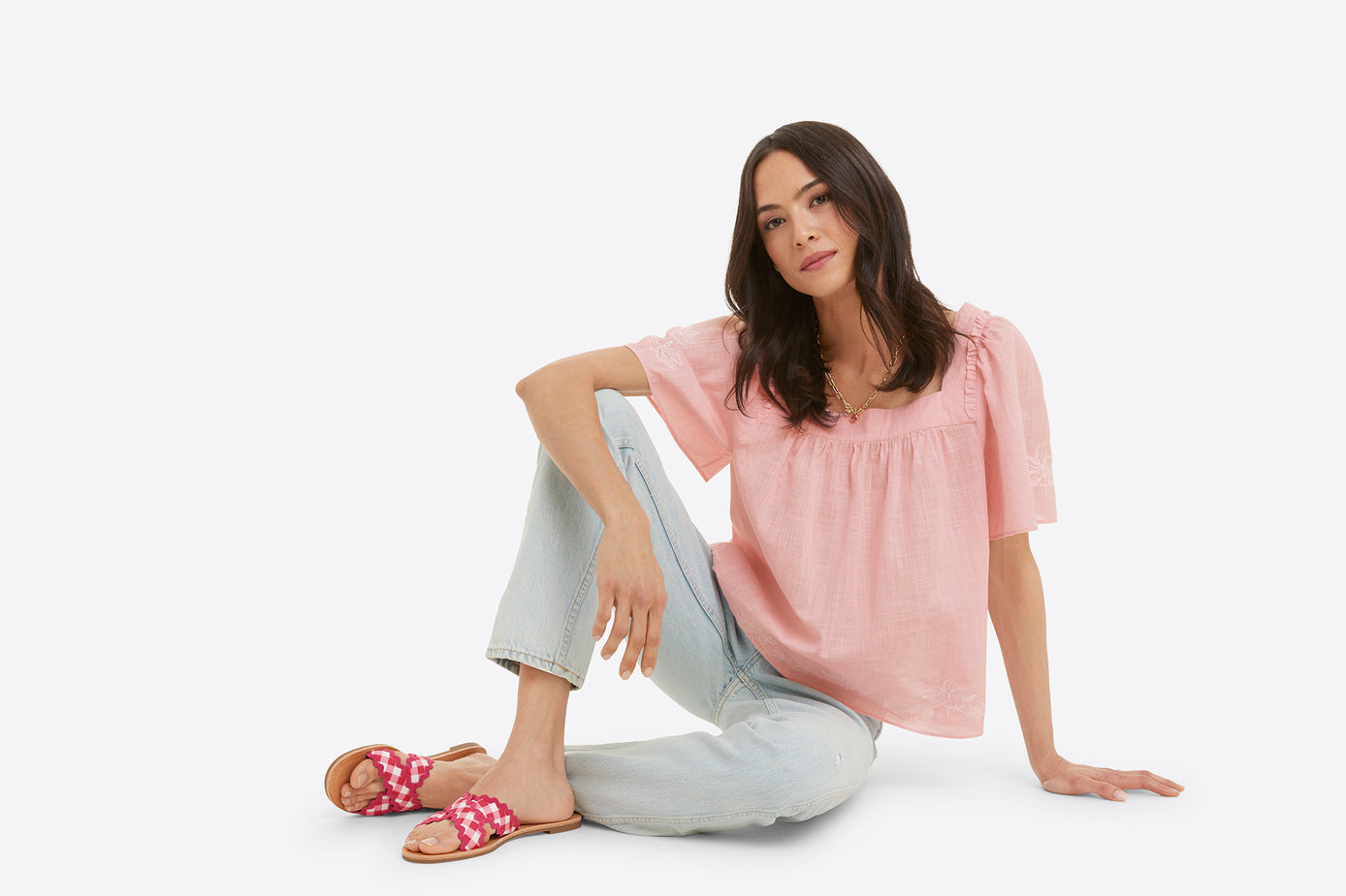 Maren Top in Pink Embroidered Floral