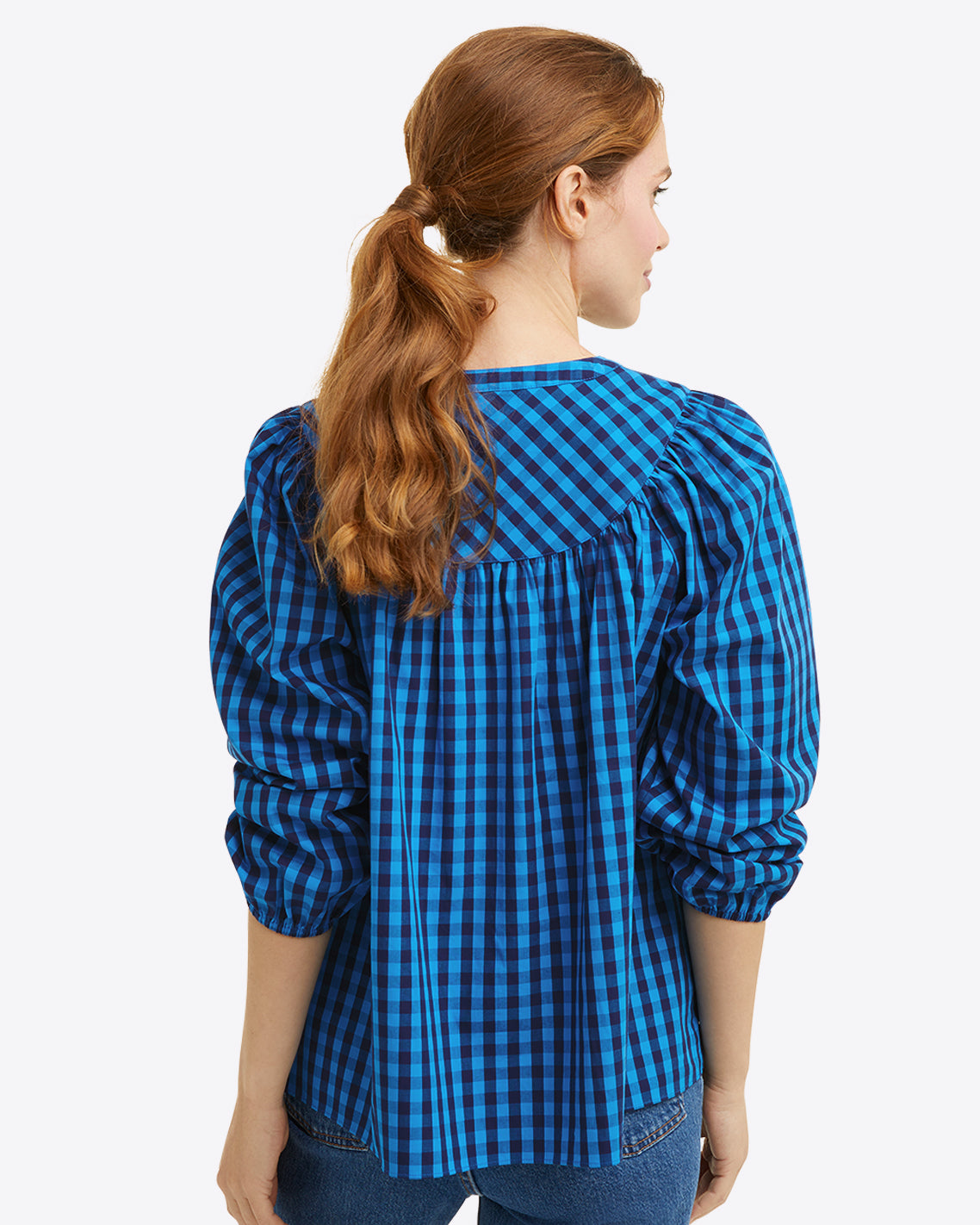 Button-Front Top in Blue Gingham
