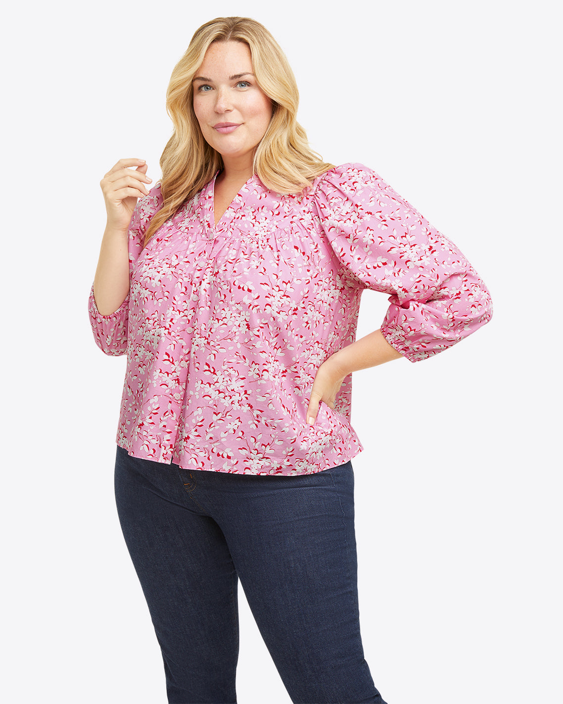 Button-Front Top in Pink Shadow Floral