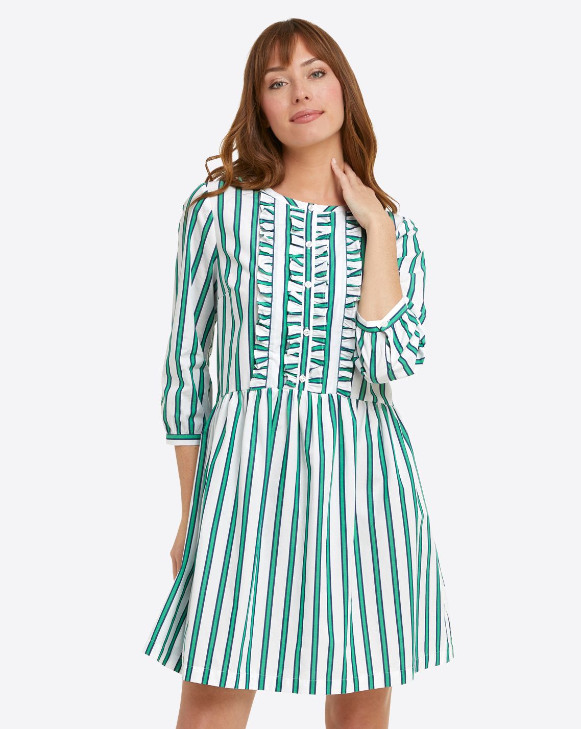 Ruffle Placket Shift Dress in Bold Green Stripe