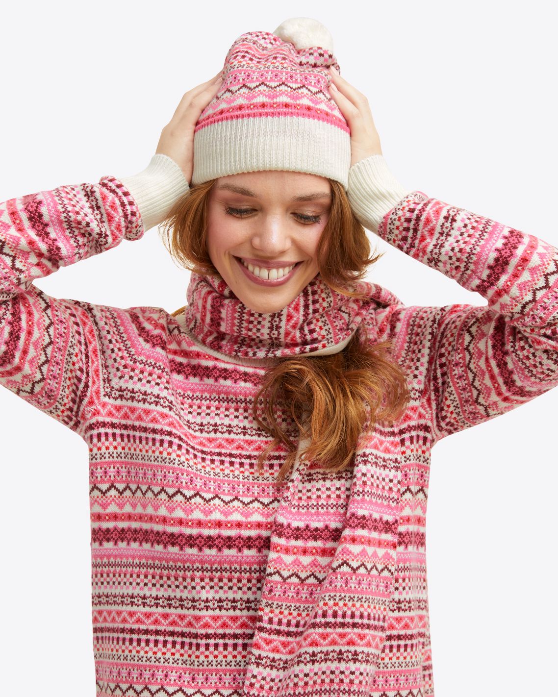 Fairisle Hat with Pom Pom in Pink