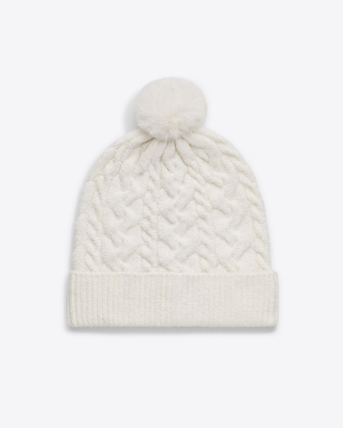 Cable Knit Hat with Pom Pom in Willow White