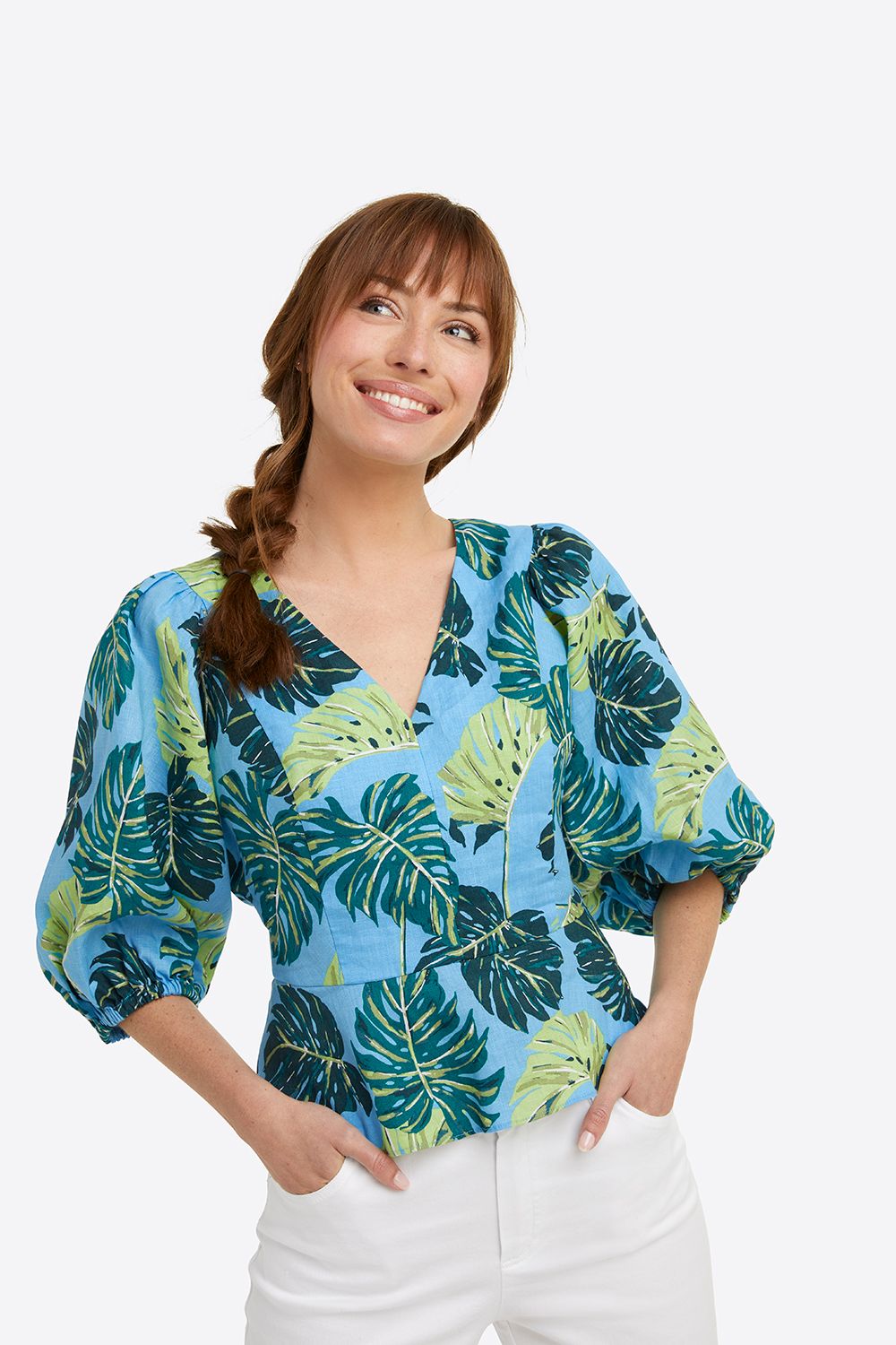 Puff Sleeve Top in Monstera Floral