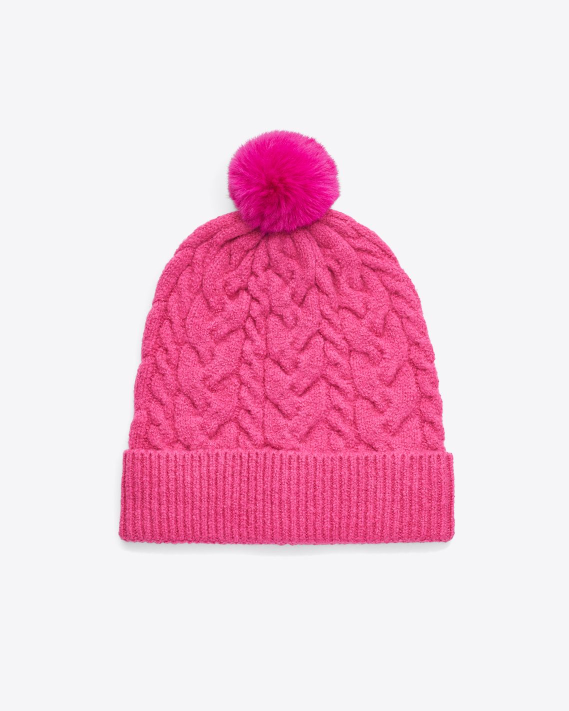 Cable Knit Hat with Pom Pom in Raspberry Pink